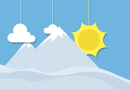 Mountain on blue sky with sun and clouds. Simple clean background illustrationの写真素材