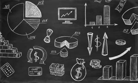 Business sketches on chalkboard with little chalkboardの写真素材