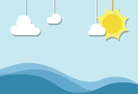 Sea waves on blue sky with sun and clouds. Simple clean background illustrationの写真素材