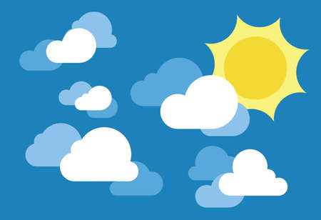 Blue clear sky with sun and clouds. Simple clean background illustrationの写真素材