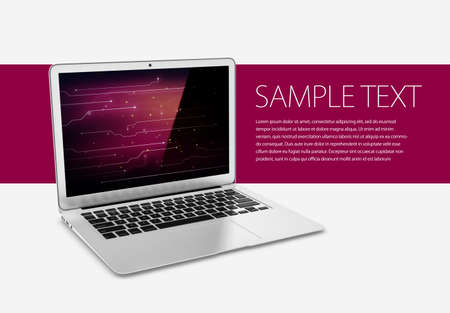 Modern laptop on tech background with textの写真素材