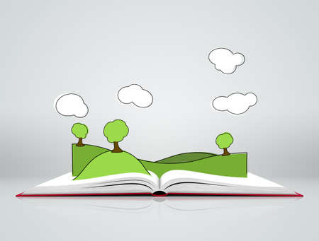 Illustration of green landscape with hills covered grass and tree on open book on gray background with cloudsの写真素材