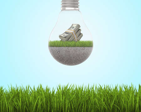 A light bulb with grass and dollars inside with sky and  bright green grass aroundの写真素材