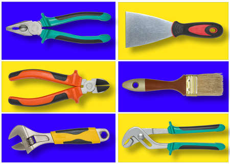 Set construction tools in blue and yellow rectangles like mosaic.