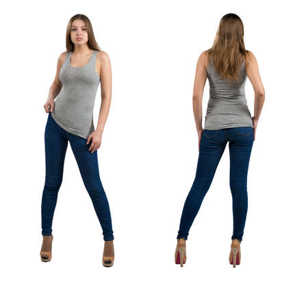 Full length portrait of attractive girl in casual clothes, isolated on white background. Front, rear...