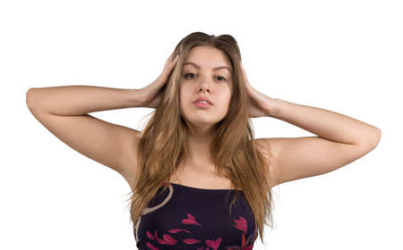 Portrait of attractive girl in short tight dresses, isolated on white background.の写真素材