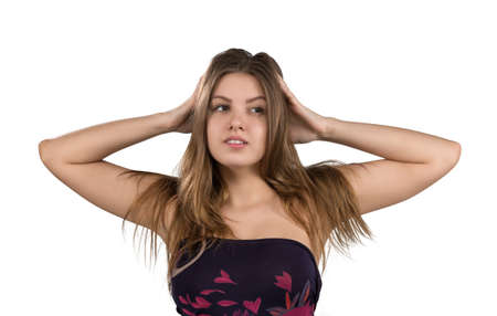 Portrait of attractive girl in short tight dresses, isolated on white background.の写真素材
