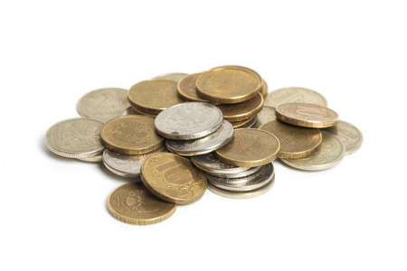 Pile of coins isolated on white background. Russian roubleの写真素材