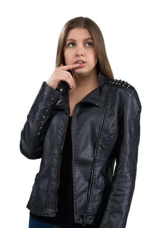 Glamorous hot young woman in leather jacket, isolated on white background.の写真素材