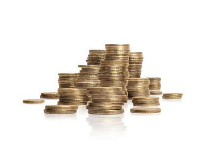 Pile of coins isolated on white background. Russian roubleの写真素材