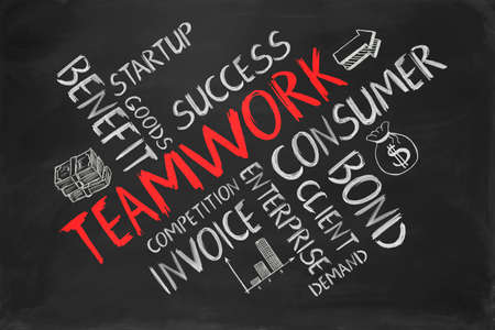 Hand drawn graphics, pictures and words concerning business plan and economy written on black chalkboardの写真素材