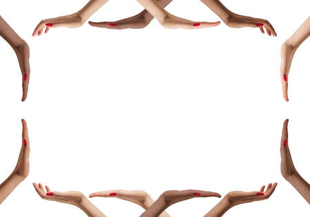 Hands of woman in the forming a frame to show its size isolated on a white background.の写真素材