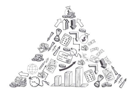 Sketch of hand drawn business and financial doodles shaped triangle isolated on white background. Concept of business and finance.の写真素材