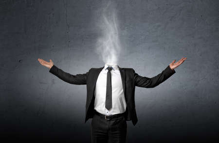 Smoke instead of a businessman head who raised his hands palm up. Front view
