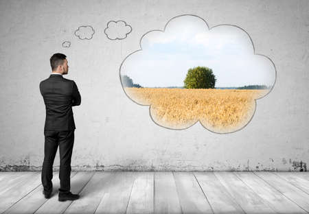 Agricultural field reflecting in the symbol of cloud on the concrete wall. Full portrait of back view businessman.の写真素材