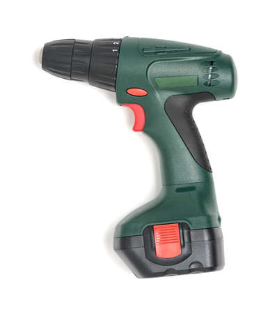 Compact, solid and comfortable to hold in a hand electric drill. Cut-out image. Top view. Tool for repair and service. Construction instrument and tool. Mend and repair.の写真素材