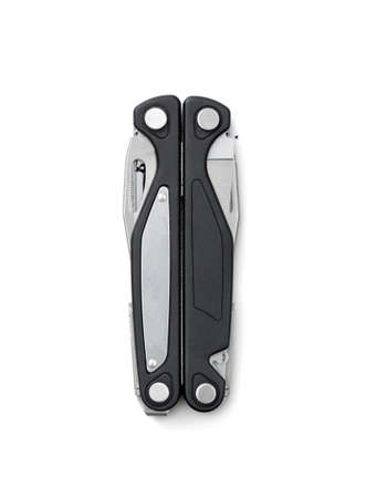 Folded multitool isolated on white background in top view. Daily practice tool. All-in-one. Improved...