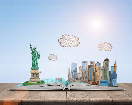 Sketch of New York City and the Statue of Liberty over open book. Book - the key to success and internal development. Sign and symbol. New York. The Statue of Liberty. Capital of the world. America. Symbol of freedom and democracy.の写真素材
