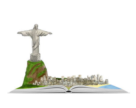 City of Rio de Janeiro and Christ the Redeemer on an open book hand drawn illustration isolated on white background. World heritage. Christian monument. Book about Brazil. Source of knowledge.の写真素材