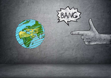 Hand drawn planet Earth and male hand making a shooting gesture in front of it with 'bang' sound on...