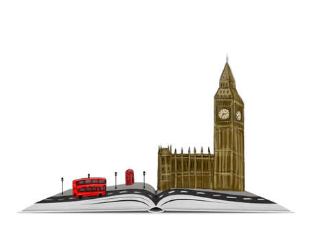 An open book with a sketch of London on the top of it isolated on white background.の写真素材