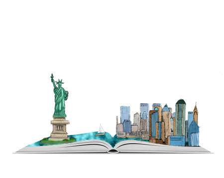 Hand drawn illustration of New York City and the Statue of Liberty on an open book, isolated on white background.の写真素材