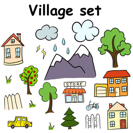 Village set of hand drawn pictures.の写真素材