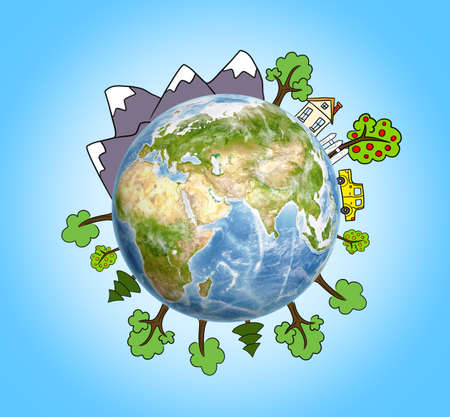 Planet Earth with drawn mountains, trees, a house and a car around it.の写真素材
