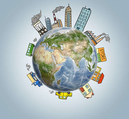 Planet Earth with drawn houses, skyscrapers, factories, cars and buildings around it.の写真素材