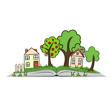 Hand drawn village scene with trees, houses and grass on an open book isolated on white background.の写真素材