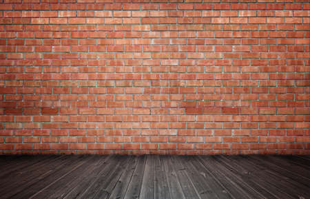 3d rendering of interior with red brick wall and wooden floor. Copyspace. Rough and ragged textures. Timber.の写真素材