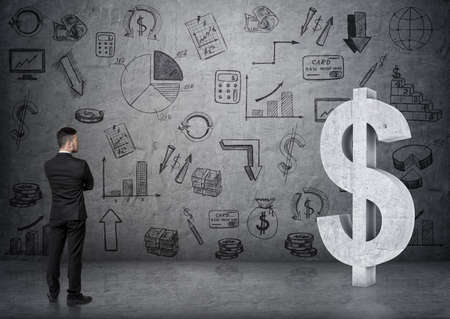 Back view of a businessman looking at big 3D concrete dollar sign.の写真素材