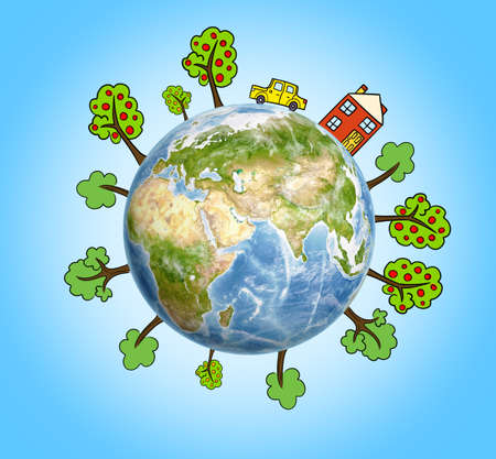 Planet Earth with drawn mountains, trees, a house and a car around it.の写真素材