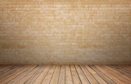 3d rendering of interior with yellow brick wall and wooden floor.の写真素材
