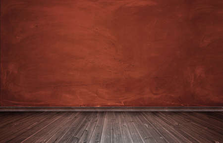 3d rendering of interior with red concrete wall and wooden floor. Copyspace. Rough and ragged textures. Timber.の写真素材