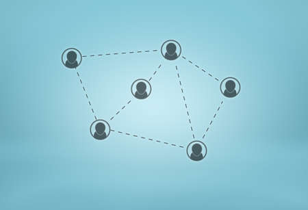 Social network icons connected by dotted lines on blue background. Connected people. Web and...