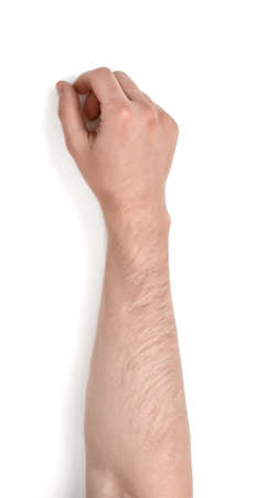 Close up view of a man's hand isolated on white background. Body language. Gestures.の写真素材