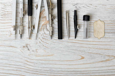 Engineering and school instruments are in a row. Engineering tools. Stuff for drawing. School...