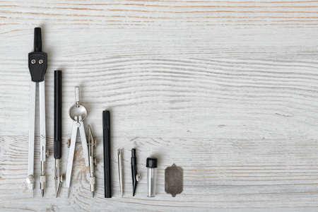 Engineering and school instruments are in a row. Engineering tools. Stuff for drawing. School...
