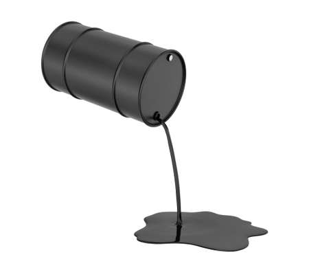 3d rendering of oil pouring from a black barrel and spilling isolated on a white background. Environmental pollution. Petroleum production. Wasting of resourcesの写真素材