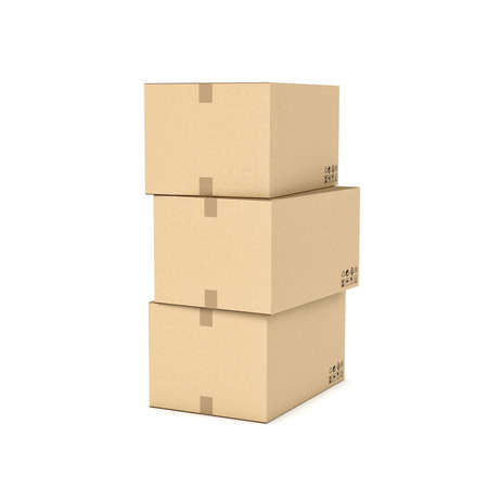 Rendering of three light beige cardboard mail box, isolated on the white background. Postal services. Packing and crating. Storage of different products.の写真素材