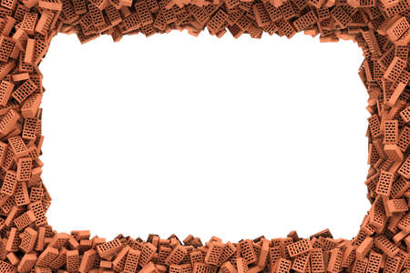 3d rendering of rectangle frame of bricks on white background. Photo frame. Building material. Industry-specific background.の写真素材