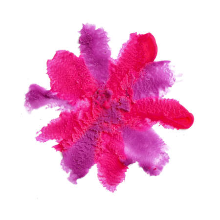 Crimson and violet stripes of plasticine spread in a thin layer from centre to edges of the white background in the form of a flower. Creativity and art. Handmade ideas. Creative work with children.の写真素材