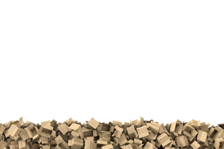 3d rendering of a frame made of light beige empty cardboard mail boxes lying at the bottom of white background. Postal services. Packing and crating. Storage of different products. Compartments for packages.の写真素材