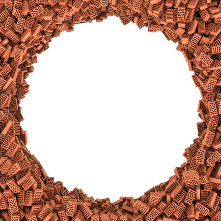 3d rendering of round frame of bricks on white background. Photo frame. Building material. Industry-specific background.の写真素材