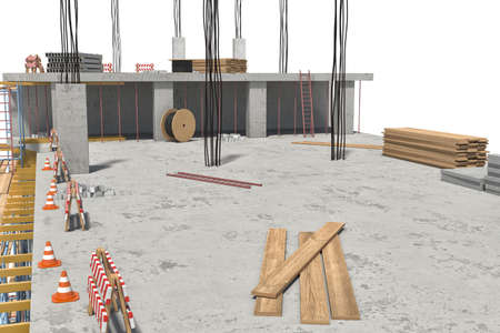 3d rendering of building under construction on the white background. Modern housebuilding. Construction technology. Civil engineering work.の写真素材