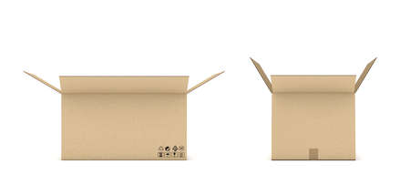 3d rendering of open cardboard mail box isolated on a white background. Postal services. Packing and crating. Storage of different products.の写真素材
