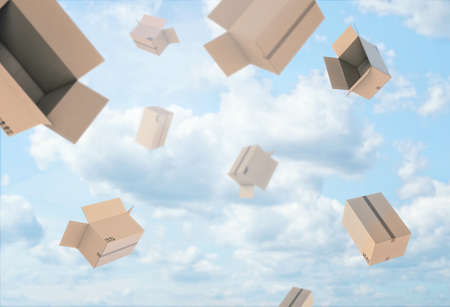 3d rendering of open empty light beige cardboard mail boxes falling from the blue cloudy sky. Postal services. Packing and crating. Storage of different products. Compartments for packages.の写真素材