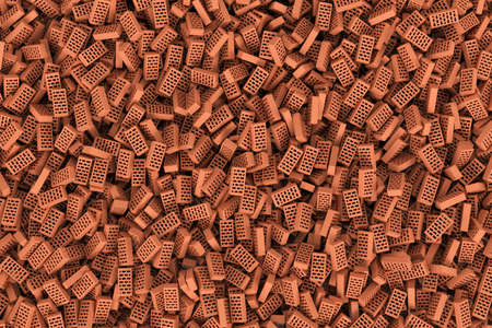 3d rendering of a huge amount of red face bricks lying together in disorder, top view. Building materials. The construction industry. Renovation of premises.の写真素材