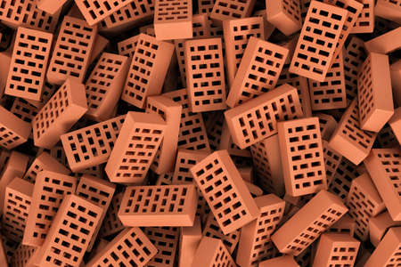 3d rendering of a huge amount of red face bricks lying together in disorder, top view. Building materials. The construction industry. Renovation of premises.の写真素材
